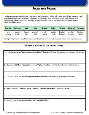 Preview image for worksheet with title Adjective Order