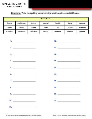 Preview image for worksheet with title Spelling List - 6 : ABC Order