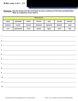 Preview image for worksheet with title Spelling List - 10