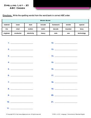 Preview image for worksheet with title Spelling List - 20 : ABC Order