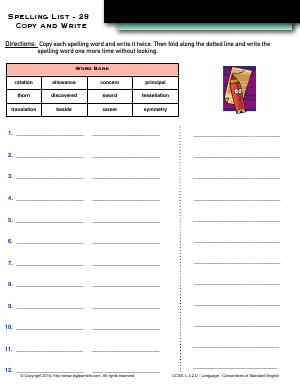 Preview image for worksheet with title Spelling List - 28: Copy and Write
