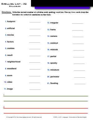 Preview image for worksheet with title Spelling List - 32 : Syllables