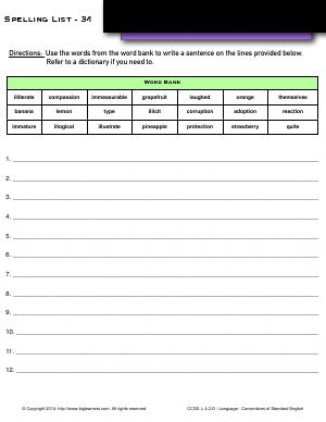 Preview image for worksheet with title Spelling List - 34