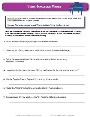 Preview image for worksheet with title Using Quotation Marks