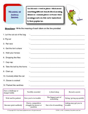 Preview image for worksheet with title Meaning of Animal Idioms