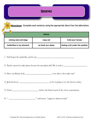 Preview image for worksheet with title Idioms