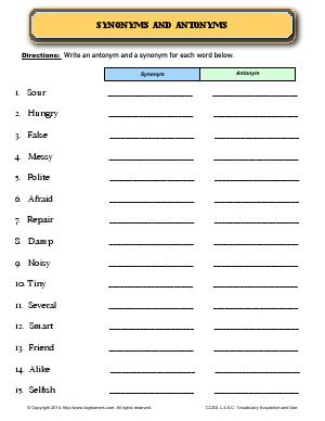 Preview image for worksheet with title Synonyms and Antonyms