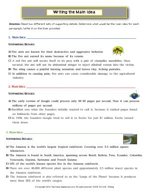 Preview image for worksheet with title Writing the Main Idea