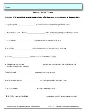 Preview image for worksheet with title Perfect Verb Tenses