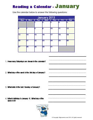 Preview image for worksheet with title Reading a Calendar - January