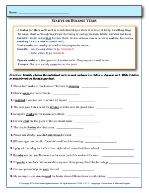 Preview image for worksheet with title Stative or Dynamic Verbs