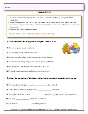 Preview image for worksheet with title Linking Verbs