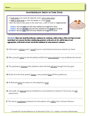 Preview image for worksheet with title Inappropriate Shifts in Verb Tense