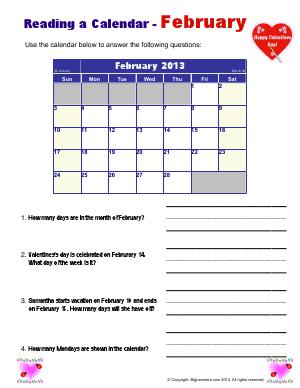 Preview image for worksheet with title Reading a Calendar - February