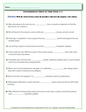 Preview image for worksheet with title Inappropriate Shifts in Verb Tense # 2