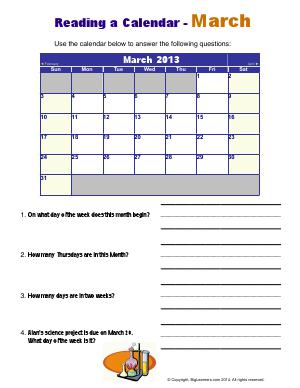 Preview image for worksheet with title Reading a Calendar - March