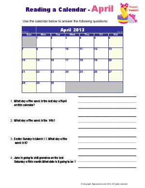 Preview image for worksheet with title Reading a Calendar - April