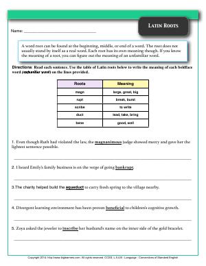 Preview image for worksheet with title Latin Roots