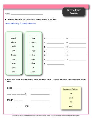 Preview image for worksheet with title Suffix-Root Combo