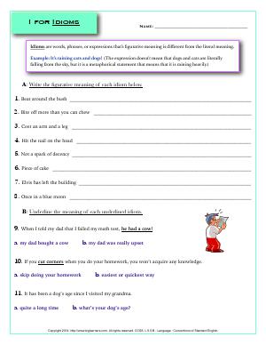 Preview image for worksheet with title I for Idioms