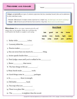 Preview image for worksheet with title Proverbs and Adages