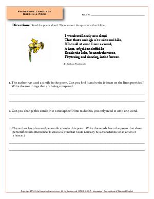 Preview image for worksheet with title Figurative Language Used in a Poem