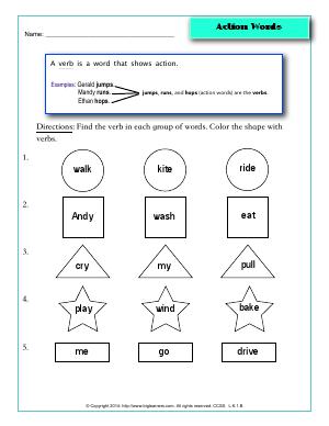 Preview image for worksheet with title Action Words