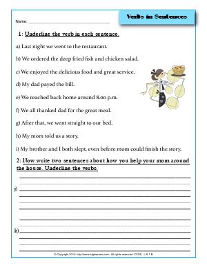 Preview image for worksheet with title Verbs in Sentences
