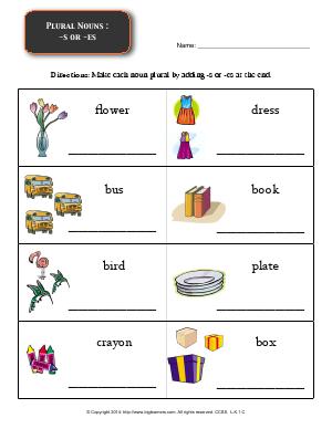 Preview image for worksheet with title Plural Nouns : -s or -es