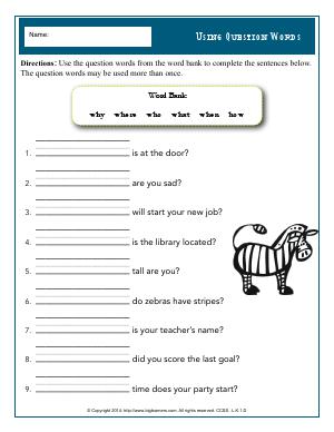 Preview image for worksheet with title Using Question Words