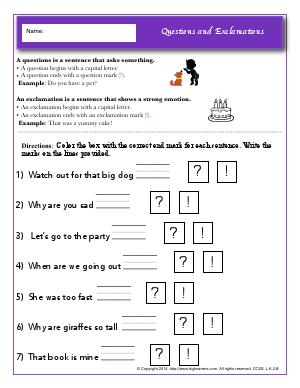 Preview image for worksheet with title Questions and Exclamations