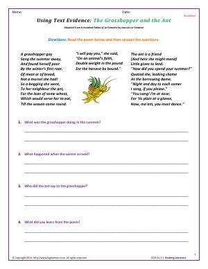 Preview image for worksheet with title Using Text Evidence: The Grasshopper and the Ant