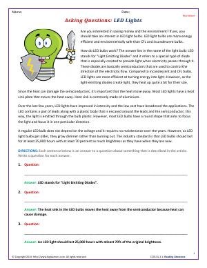 Preview image for worksheet with title Asking Questions: LED Lights