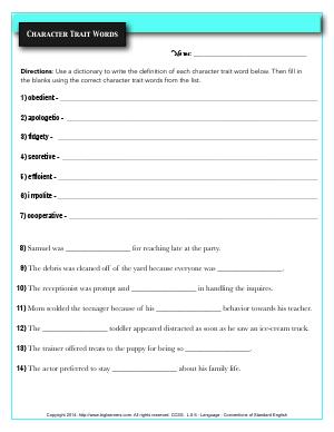 Preview image for worksheet with title Character Trait Words