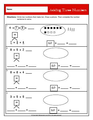 Preview image for worksheet with title Adding Three Numbers