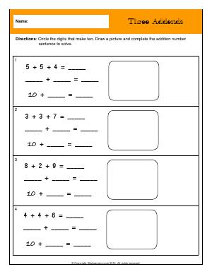 Preview image for worksheet with title Three Addends