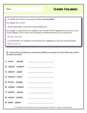 Preview image for worksheet with title Closed Syllables