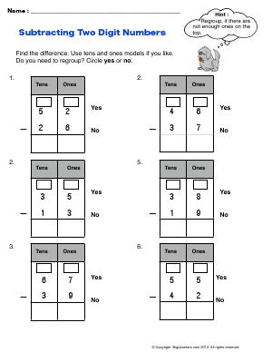 Preview image for worksheet with title Subtracting Two Digit Numbers