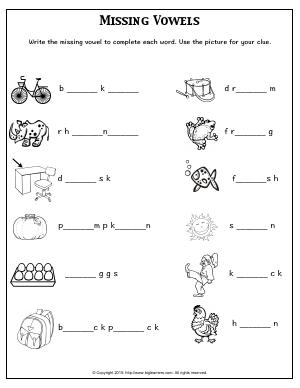 Preview image for worksheet with title Missing Vowels