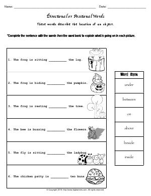 Preview image for worksheet with title Directional or Positional Words