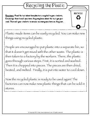 Preview image for worksheet with title Recycling the Plastic