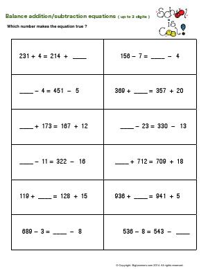 Preview image for worksheet with title Balance Addition/Subtraction Equations (up to 3 digits)