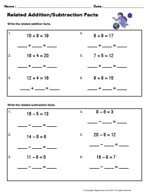 Preview image for worksheet with title Related Addition/Subtraction Facts