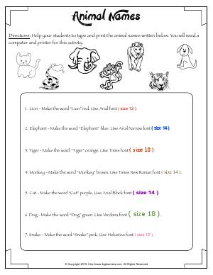 Preview image for worksheet with title Animal Names
