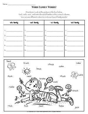 Preview image for worksheet with title Word Family Words!