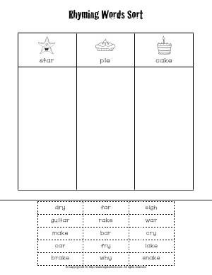 Preview image for worksheet with title Rhyming Words Sort