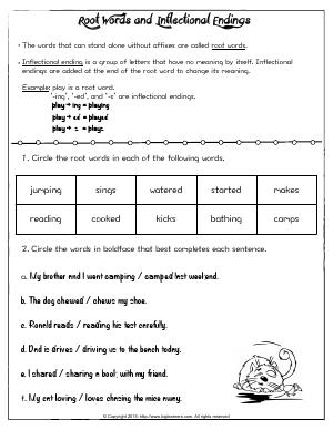 Preview image for worksheet with title Root Words and Inflectional Endings