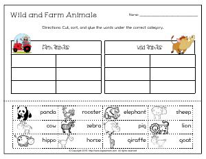 Preview image for worksheet with title Wild and Farm Animals