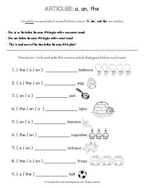 Preview image for worksheet with title Articles: a, an, the
