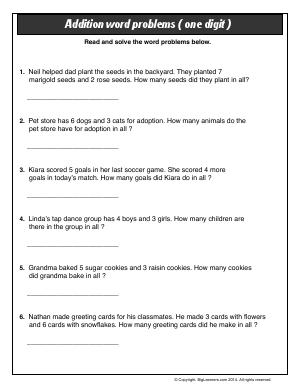 Preview image for worksheet with title Addition Word Problems (one digit)